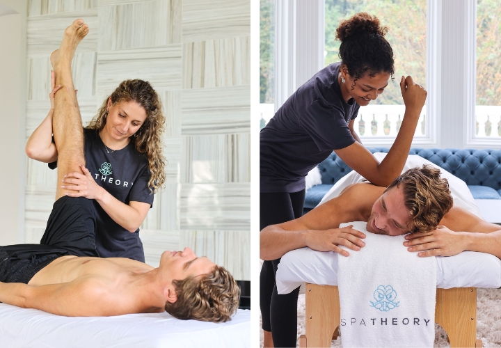 A SpaTheory therapist performs a sports massage stretch on the left. On the right, they apply deep tissue pressure