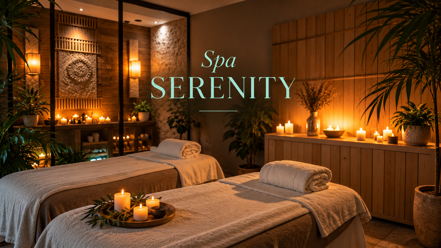 Candlelit massage room with two treatment tables and the title Spa Serenity