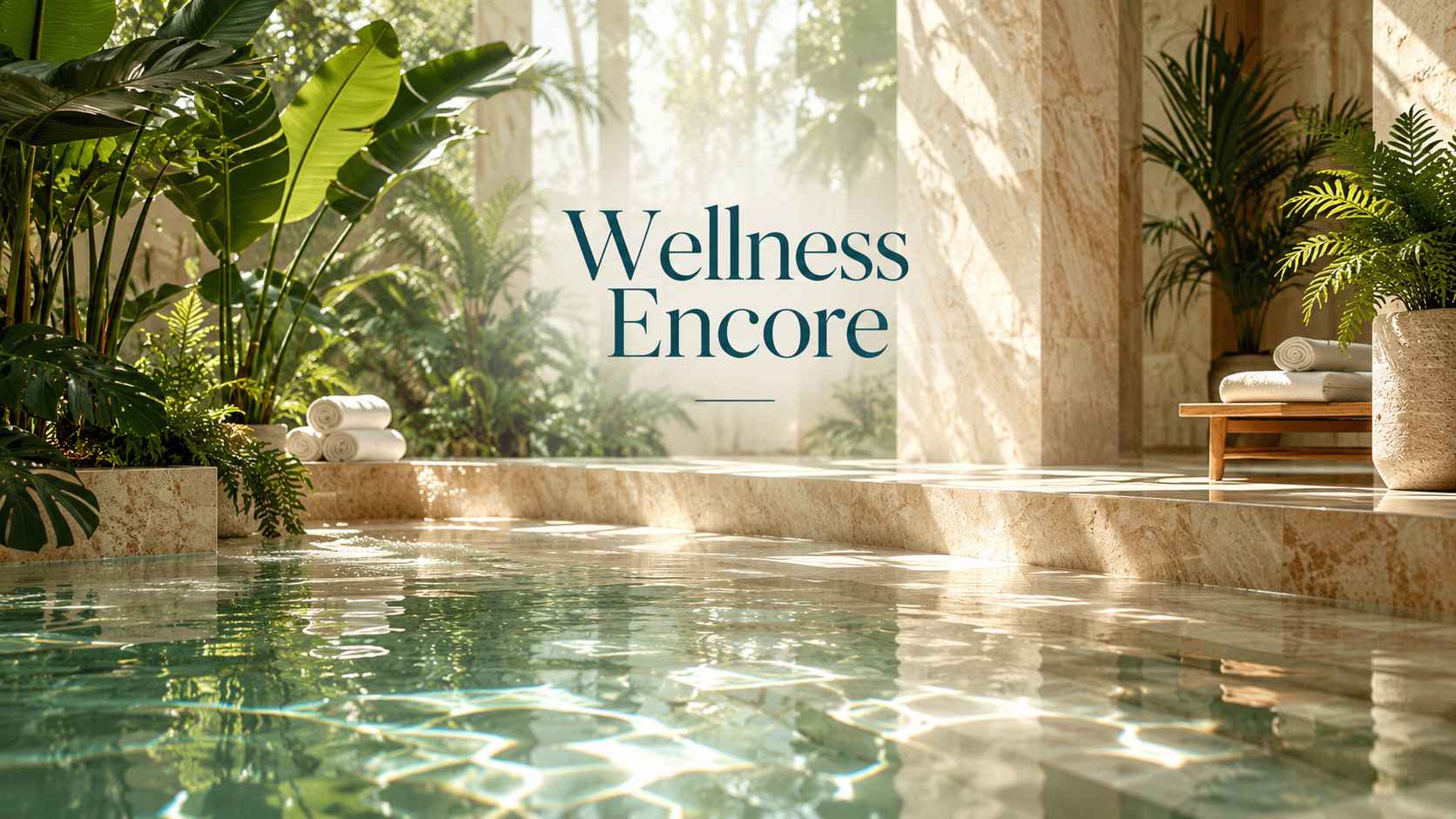 Sunlit spa pool surrounded by tropical plants with the title Wellness Encore